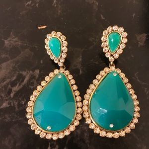 Gold dangle earrings blue-green design rhinestones